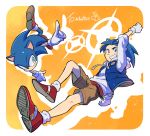  302 animal_ears blue_hair blue_jacket brown_shorts dual_persona gloves green_eyes grin hedgehog_ears highres jacket male_focus multiple_boys personification red_footwear shoes shorts signature smile sneakers sonic sonic_the_hedgehog sweater white_gloves white_sweater 