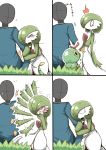  &gt;_&lt; 1girl afterimage arm_hug arm_up black_eyes blue_shirt blush caterpie closed_eyes comic commentary_request embarrassed faceless faceless_male flat_chest flying_sweatdrops gardevoir gen_1_pokemon gen_3_pokemon green_hair hair_over_one_eye hand_up hands_up highres long_sleeves motion_lines multiple_views poke_ball_symbol pokemon pokemon_(creature) red_eyes scared sequential shiny shiny_hair shirt short_hair simple_background standing surprised sweat tazonotanbo translated tsundere white_background 