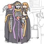  ainz_ooal_gown armor blonde_hair camera carrying clementine_(overlord) cosplay garter_belt gloves highres jewelry knife knife_in_head minpou_(nhk) multiple_boys navel overlord_(maruyama) ring short_hair skeleton smile suitcase thighhighs thumb_ring v 