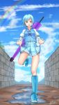  alternate_footwear bare_legs blue_footwear blue_hair blue_sky blue_vest boots cloud day heterochromia highres hiyashi_mikan holding_skirt knee_boots long_sleeves looking_down miniskirt puddle rainbow rubber_boots skirt sky smile solo standing standing_on_one_leg tatara_kogasa touhou umbrella vest wall 