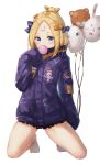  abigail_williams_(fate/grand_order) absurdres balloon bangs barefoot black_bow black_jacket blonde_hair blue_eyes blush bow bubble_blowing chewing_gum commentary_request crossed_bandaids fate/grand_order fate_(series) fou_(fate/grand_order) hair_bow hair_bun hand_up heroic_spirit_traveling_outfit highres holding holding_balloon jacket kneeling lemon_tea_(15058751917) long_hair long_sleeves looking_at_viewer medjed orange_bow parted_bangs polka_dot polka_dot_bow revision simple_background sleeves_past_fingers sleeves_past_wrists solo star white_background 