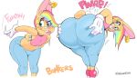  2018 anthro big_butt biting_tongue blue_eyes bonkers_(vimhomeless) butt clothing ear_piercing female flat_chested gloves hair hammer hi_res jeans lagomorph looking_at_viewer looking_back mammal multicolored_hair pants piercing rabbit rainbow_hair red_shoes shirt simple_background sneakers solo sound_effects tank_top tongue tongue_out tools vimhomeless white_background wide_hips 