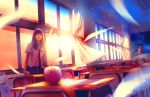  1girl apple bangs blue_skirt blunt_bangs chair classroom collared_shirt commentary_request curtains desk food fruit indoors long_hair looking_at_viewer necktie original parted_lips pleated_skirt scenery school_desk shirt sitting skirt standing sunset wataboku white_shirt window wing_collar 