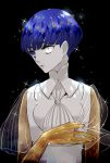  black_background blue_eyes blue_hair chino_machiko closed_mouth commentary_request cravat hand_up heterochromia houseki_no_kuni looking_to_the_side phosphophyllite phosphophyllite_(ll) see-through short_hair solo sparkle spoilers upper_body white_eyes white_neckwear 
