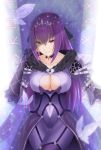 breasts bug butterfly cleavage cleavage_cutout collarbone commentary_request elbow_gloves fate/grand_order fate_(series) fur_collar gloves hair_ribbon highres insect large_breasts long_hair looking_at_viewer mebi_(mebieru) purple_gloves purple_hair red_eyes ribbon runes scathach_(fate)_(all) scathach_skadi_(fate/grand_order) solo tiara 