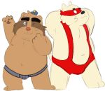 2017 alice_detective_bureau anthro bear belly clothing duo hat inspector_arai male mammal moobs navel one_eye_closed overweight overweight_male penis procyonid raccoon simple_background underwear white_background wink 