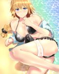  ass beach bikini black_bikini black_ribbon blonde_hair blue_eyes braid breasts breasts_apart commentary_request day fate/grand_order fate_(series) hair_ribbon highres jacket jeanne_d'arc_(fate)_(all) jeanne_d'arc_(swimsuit_archer) kurosawa_(hjkl42332) long_braid long_hair looking_at_viewer ocean ribbon single_braid smile solo swimsuit thigh_strap 