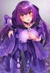  blush bodysuit boots breasts cleavage cleavage_cutout commentary_request fate/grand_order fate_(series) flashing fur_collar heart highres large_breasts leaning_forward long_hair looking_at_viewer purple_bodysuit purple_footwear purple_hair red_eyes scathach_(fate)_(all) scathach_skadi_(fate/grand_order) smile solo tiara yami_kumo 