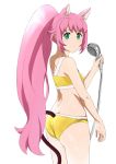  absurdres animal_ear_fluff animal_ears ass bikini cat_ears cat_tail commentary_request from_behind green_eyes gundam gundam_build_divers highres long_hair looking_back momo_(gundam_build_divers) pink_hair ponytail shower_head showering smile solo swimsuit tail tonotyama very_long_hair yashiro_momoka yellow_bikini yellow_swimsuit 