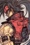  arm_belt bare_shoulders black_hair from_behind grey_background grin guilty_gear hankuri headband jacket long_hair male_focus muscle ponytail red_eyes red_jacket simple_background sleeveless_jacket smile sol_badguy solo standing 