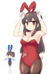  akagi_(kantai_collection) alternate_costume animal_ears armpits black_hair breasts brown_eyes brown_hair bunny_ears bunny_girl bunny_tail bunnysuit chibi claw_pose cleavage commentary eyebrows_visible_through_hair fake_animal_ears fake_tail gloves highres jumping kaga_(kantai_collection) kantai_collection large_breasts long_hair multiple_girls navel side_ponytail simoyuki simple_background smile tail white_background white_gloves 