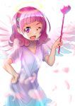  ;d angel_wings bangs blunt_bangs blush collarbone commentary_request dress hair_ornament hand_on_hip highres hugtto!_precure looking_at_viewer nono_hana one_eye_closed open_mouth pink_eyes pink_hair precure short_hair smile solo wings x_hair_ornament zakuro0508 