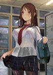  :o bag bookbag breasts brown_eyes brown_hair indoors large_breasts locker long_hair looking_at_viewer necktie original pantyhose plaid plaid_skirt pupps red_neckwear school_uniform see-through skirt skirt_hold solo standing wet wet_hair window 