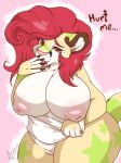  anthro apes big_breasts bottomless breasts clothed clothing cougar english_text eyelashes feline female flashing hi_res huge_breasts looking_at_viewer mammal nipples overweight overweight_female pussy smile solo text thick_thighs tongue tongue_out voluptuous 
