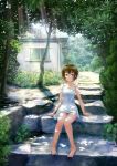  ahoge barefoot blush breasts brown_hair closed_mouth collarbone collared_dress dappled_sunlight day dress eyebrows_visible_through_hair hamari_rin highres looking_at_viewer medium_breasts nature original outdoors scenery short_hair smile solo sunlight white_dress window 