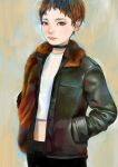  1girl absurdres brown_hair choker crop_top fur fur_collar hands_in_pockets heterochromia highres jacket junjunforever leather leather_jacket looking_to_the_side multicolored_hair orange_eyes original pixie_cut short_hair solo very_short_hair yellow_eyes 