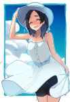  arm_up ass_visible_through_thighs bare_arms bare_shoulders bike_shorts black_hair black_shorts blue_dress blue_hair blue_hat blue_sash blue_sky blush border breasts cloud collarbone commentary cowboy_shot day dress flying_sweatdrops forehead hair_ornament hairclip hand_on_headwear hat highres kantai_collection kuroshio_(kantai_collection) looking_at_viewer medium_breasts multicolored_hair nose_blush one_eye_closed open_mouth outdoors outside_border remodel_(kantai_collection) sash see-through_silhouette short_hair shorts skirt_hold sky sleeveless sleeveless_dress solo standing streaked_hair sun_hat taketora_suzume thighs white_border wind wind_lift yellow_eyes 