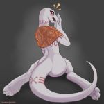  2018 anthro blush bottomless butt butt_pose clothed clothing conditional_dnp crusch_lulu digital_media_(artwork) female lizard looking_at_viewer mostly_nude open_mouth overlord_(series) red_eyes reptile scalie scappo solo surprise tattoo tongue tribal_tattoo white_skin 
