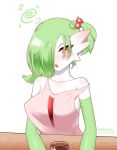  1girl breasts creatures_(company) erect_nipples game_freak gardevoir gen_3_pokemon green_hair messed_up_hair nintendo no_humans pokemon red_eyes shirt solo 