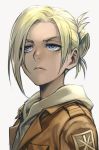  annie_leonhardt blonde_hair blue_eyes grey_background hair_bun hankuri military military_jacket military_uniform portrait shingeki_no_kyojin solo uniform 