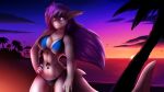  anthro beach bikini breasts cleavage clothed clothing cute_fangs female fin fish hair hand_on_hip hi_res marine navel purple_eyes purple_hair seaside shark smile solo sunset swimsuit tattoo teeth xaenyth 