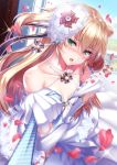  admiral_hipper_(azur_lane) ahoge azur_lane bangs bare_shoulders blonde_hair blue_neckwear blue_sky blurry blurry_background blush breasts bridal_veil cloud collarbone commentary_request crying crying_with_eyes_open day dress elbow_gloves eyebrows_visible_through_hair field floating_hair flower flower_field gloves green_eyes hair_between_eyes hair_ornament hand_on_hip head_tilt highres iron_cross ken_ill long_hair looking_at_viewer mole mole_under_eye necktie necktie_grab neckwear_grab off_shoulder open_mouth outdoors petals pov railing sky small_breasts solo sparkle tearing_up tears two_side_up veil wedding_dress white_dress white_gloves wind 