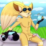  absurd_res anthro balls blue_eyes canine damian5320 erection fennec fox fur hi_res humanoid_penis looking_at_viewer male mammal multicolored_fur paladins penis pip_(paladins) sitting solo uncut 