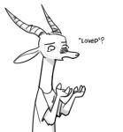  2018 antelope anthro clothed clothing dialogue disney english_text fan_character fuel_(artist) fuel_(character) greyscale horn male mammal monochrome simple_background solo tears text white_background zootopia 