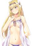  bare_shoulders bikini bikini_pull blonde_hair blue_eyes blush breasts collarbone commentary_request cowboy_shot feathers flower front-tie_bikini front-tie_top granblue_fantasy hair_between_eyes hair_feathers hair_flower hair_intakes hair_ornament highres jeanne_d'arc_(granblue_fantasy) large_breasts lifted_by_self lily_(flower) lips long_hair looking_away looking_to_the_side navel nukkoru pink_lips purple_bikini side-tie_bikini simple_background solo swimsuit underboob white_flower 