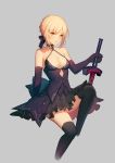  artoria_pendragon_(all) bare_shoulders black_bow blonde_hair bow braid breasts choker cleavage collarbone elbow_gloves fate/grand_order fate_(series) gloves hair_bow no_bra saber_alter simple_background sitting solo soulkiller sword thighhighs weapon yellow_eyes 