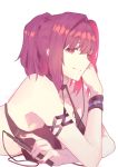  absurdres alternate_hairstyle armband atianshi breasts cable choker crossed_arms digital_media_player fate/grand_order fate_(series) highres large_breasts looking_at_viewer lying nail_polish on_stomach ponytail purple_hair red_eyes scathach_(fate)_(all) scathach_(fate/grand_order) smile solo swimsuit white_background wristband 