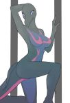  2018 anthro black_body blue_sclera breasts female hand_behind_head hi_res kneeling navel nintendo nipples nude on_one_knee pok&eacute;mon pok&eacute;mon_(species) pose salazzle simple_background slit_pupils solo video_games xan_(pixiv) 