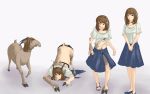  2017 antelope blush breasts brown_hair clothed clothing female feral footwear hair horn human human_to_feral hyphen_(artist) looking_at_viewer mammal nude saiga_antelope sequence shoes simple_background skirt solo standing tail_growth tears torn_clothing transformation underwear white_background 