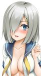  blue_eyes blush breasts cleavage collarbone eyebrows_visible_through_hair hair_ornament hair_over_one_eye hairpin hamakaze_(kantai_collection) highres kantai_collection looking_at_viewer open_clothes open_mouth school_uniform serafuku silver_hair simple_background single_stripe solo toranoo uniform white_background white_hair 