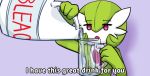  3_fingers anthro biped bleach_(object) cup dialogue english_text female gardevoir holding_mug humanoid nintendo not_furry pok&eacute;mon pok&eacute;mon_(species) purple_background reaction_image red_eyes simple_background solo source_request text unknown_artist video_games 