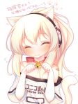  ^_^ animal_ears ayanami_(azur_lane) azur_lane bandaid_on_arm bare_shoulders bell bell_collar blonde_hair blush bow cat_ears cat_girl cat_tail closed_eyes collar commentary facing_viewer flying_sweatdrops hands_up head_tilt headphones jingle_bell kemonomimi_mode long_hair off-shoulder_shirt off_shoulder parted_lips paw_pose ponytail red_bow sakurato_ototo_shizuku shirt short_sleeves simple_background solo tail tail_raised translation_request upper_body white_background white_shirt wide_sleeves 