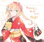  1girl animal animal_ears animal_hug bag bangs black_kimono blonde_hair blue_eyes blush bow chinese_zodiac closed_mouth commentary_request cpqm egasumi eyebrows_visible_through_hair floral_print hair_between_eyes hair_bow handbag happy_new_year heterochromia highres holding holding_bag japanese_clothes kimono long_hair long_sleeves multicolored multicolored_clothes multicolored_kimono nengajou new_year obi original pig pig_ears print_kimono red_bow red_eyes red_kimono sash smile solo twintails wide_sleeves year_of_the_pig 