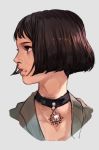  black_hair bob_cut brown_eyes choker grey_background hankuri leon_the_professional looking_to_the_side mathilda_lando portrait profile short_hair solo 