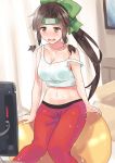  ball bare_shoulders blush bow breasts brown_eyes brown_hair cleavage collarbone commentary_request exercise_ball forehead_protector green_bow green_headband hair_bow hair_ornament headband jintsuu_(kantai_collection) kantai_collection large_breasts long_hair navel off_shoulder open_mouth pants ponytail red_pants remodel_(kantai_collection) solo sweat sweatdrop sweatpants tank_top television tonari_no_kai_keruberosu 