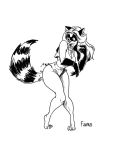  2009 anthro barefoot breasts claws clothed clothing ear_piercing faunus_(artist) female hair long_hair mammal monochrome navel open_mouth piercing procyonid raccoon simple_background solo standing surprise tail_growth torn_clothing transformation white_background 