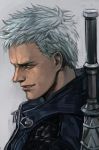  blue_eyes blue_hair blue_jacket devil_may_cry devil_may_cry_5 from_side grey_background grin hankuri jacket male_focus nero_(devil_may_cry) parted_lips portrait profile simple_background smile solo 