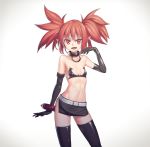 bare_shoulders belt black_gloves black_legwear collar disgaea elbow_gloves etna eyebrows_visible_through_hair fang flat_chest frank_lee_(dfgh132) gloves looking_at_viewer makai_senki_disgaea miniskirt navel open_mouth pointy_ears red_eyes red_hair short_hair skirt smile solo thighhighs twintails 