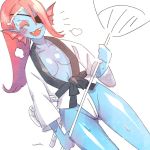  anthro blue_skin breasts cleavage clothed clothing eye_patch eyes_closed eyewear female fish gills hair long_hair marine noaharbre open_mouth red_hair smile solo standing sweat undertale undyne video_games white_hair yellow_teeth 
