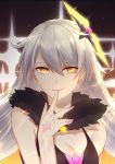  7t absurdres argyle bare_shoulders benghuai_xueyuan black_dress breasts cleavage dress evil_smile eyebrows_visible_through_hair eyes_visible_through_hair finger_to_mouth fur_trim glowing hair_between_eyes hair_ornament herrscher_of_the_void highres honkai_impact kiana_kaslana long_hair looking_at_viewer medium_breasts ringed_eyes silver_hair smile solo symbol-shaped_pupils tattoo upper_body yellow_eyes 