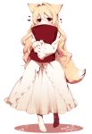  animal_ears barefoot blonde_hair blush commentary_request dated dress fox_ears fox_tail full_body heart konshin long_hair long_sleeves looking_at_viewer original pajamas pillow pillow_hug red_eyes signature simple_background solo standing tail white_background white_dress 