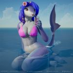  3d_(artwork) anthro beverage bikini breasts clothing dahlia-shark digital_media_(artwork) female fish marine naval_piercing shark sitting solo straw swimsuit tenzide 