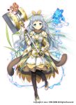  acorn armor armored_dress black_gloves black_legwear blue_eyes bow brown_scarf chipmunk closed_mouth creature flower flower_knight_girl full_body gloves grey_hair hair_bow hammer holding holding_weapon hordeum_(flower_knight_girl) kurot long_hair looking_at_viewer object_namesake official_art pantyhose scarf shoes simple_background smile solo squirrel standing standing_on_one_leg water weapon white_background white_footwear yellow_bow 