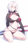  ahoge asymmetrical_sleeves bikini black_bikini black_jacket blush breasts choker cleavage commentary_request cropped_jacket enosan eyebrows_visible_through_hair eyes_visible_through_hair fate/grand_order fate_(series) hair_between_eyes highres jacket jeanne_d'arc_(alter_swimsuit_berserker) jeanne_d'arc_(fate)_(all) katana large_breasts long_hair looking_at_viewer navel o-ring pale_skin sheath sheathed shrug_(clothing) simple_background sitting solo stomach swimsuit sword thighs very_long_hair weapon yellow_eyes 