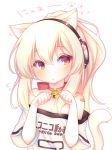  animal_ears ayanami_(azur_lane) azur_lane bandaid_on_arm bare_shoulders bell bell_collar blonde_hair blush bow brown_eyes cat_ears cat_girl cat_tail collar commentary flying_sweatdrops hands_up head_tilt headphones jingle_bell kemonomimi_mode long_hair looking_at_viewer off-shoulder_shirt off_shoulder parted_lips paw_pose ponytail red_bow sakurato_ototo_shizuku shirt short_sleeves simple_background solo tail tail_raised translated upper_body white_background white_shirt wide_sleeves 