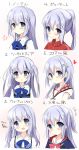  :o alternate_costume alternate_hairstyle bangs blouse blue_bow blue_eyes blue_jacket blue_neckwear blue_vest blush bow bowtie closed_mouth collared_shirt cosplay eyebrows_visible_through_hair flat_chest flower gochuumon_wa_usagi_desu_ka? hair_between_eyes hair_ornament hairclip heart highres hoto_cocoa hoto_cocoa's_school_uniform hoto_cocoa_(cosplay) jacket kafuu_chino kin-iro_mosaic kouda_suzu kujou_karen kujou_karen_(cosplay) light_blue_hair long_hair looking_at_viewer multiple_views one_side_up open_mouth pink_bow plaid_collar ponytail portrait rabbit_house_uniform red_jacket sailor_collar school_uniform serafuku shirt short_sleeves sidelocks smile striped striped_bow track_jacket translated two_side_up uniform vest wavy_hair white_background white_blouse white_shirt wing_collar x_hair_ornament 